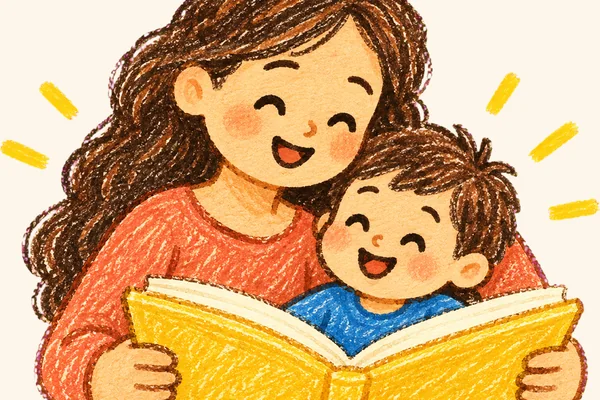 A crayon picture of a mother reading a book with her young son.