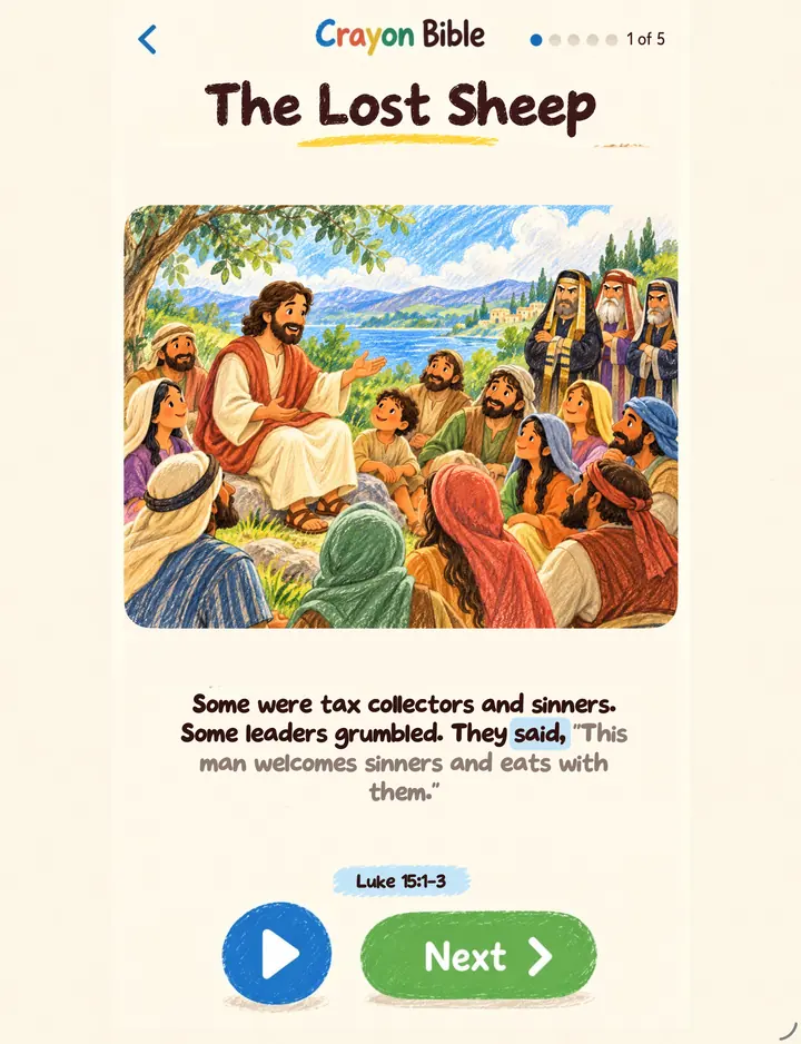 Crayon Bible on iPad: the Lost Sheep lesson, with Jesus teaching a crowd and the words read aloud.