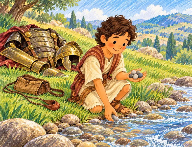 A crayon picture of young David kneeling by a stream, picking smooth stones, with King Saul's armor on the grass.
