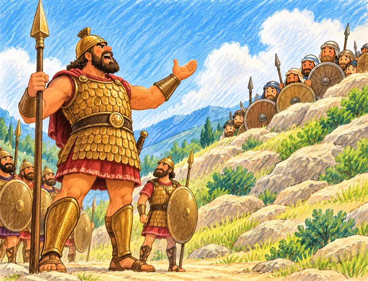 A crayon picture of Goliath in bronze armor, holding a spear, calling out across the valley.