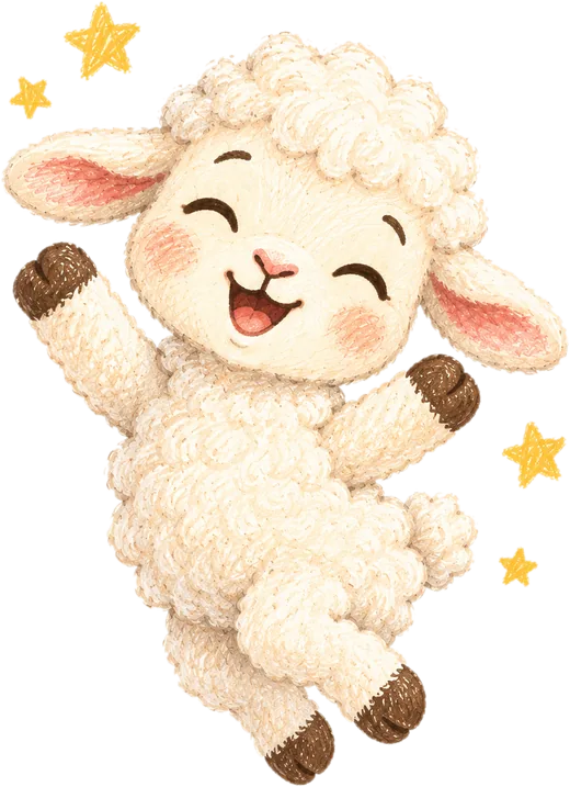 Pip the lamb, jumping for joy.