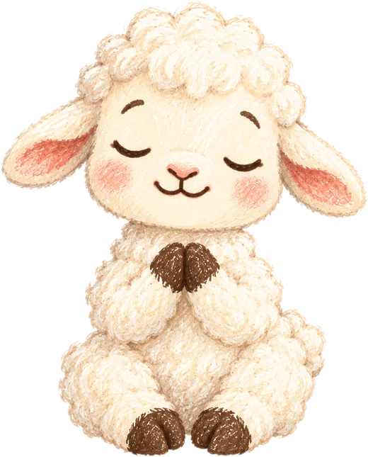 Pip the lamb with eyes closed and hooves folded in prayer.